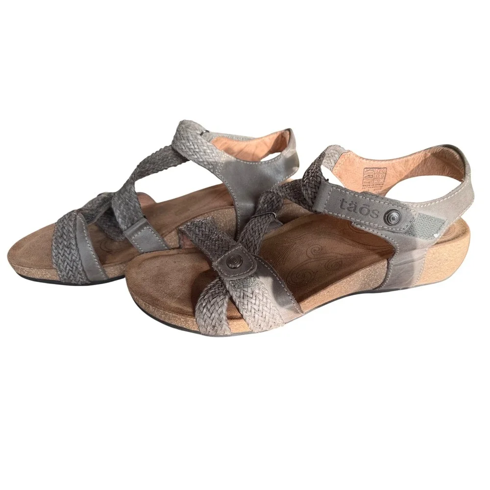 Taos Trulie Pewter Woven Leather Comfort Wedge Sandals Womens 7-7.5 EUR 38